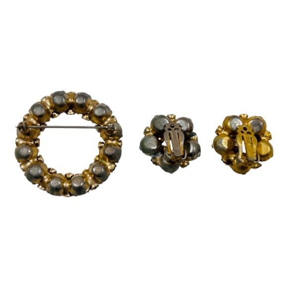 Vintage 50-60s Flower Wreath Brooch Amethyst Clear Rhinestones, Clip-on Earrings - Picture 4 of 5